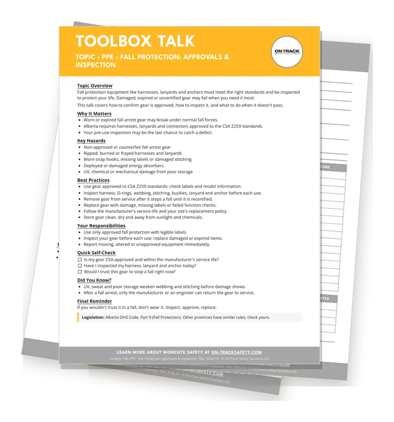 PPE – Fall Protection: Approvals & Inspection: topic overview, sign-in sheet and leader guide