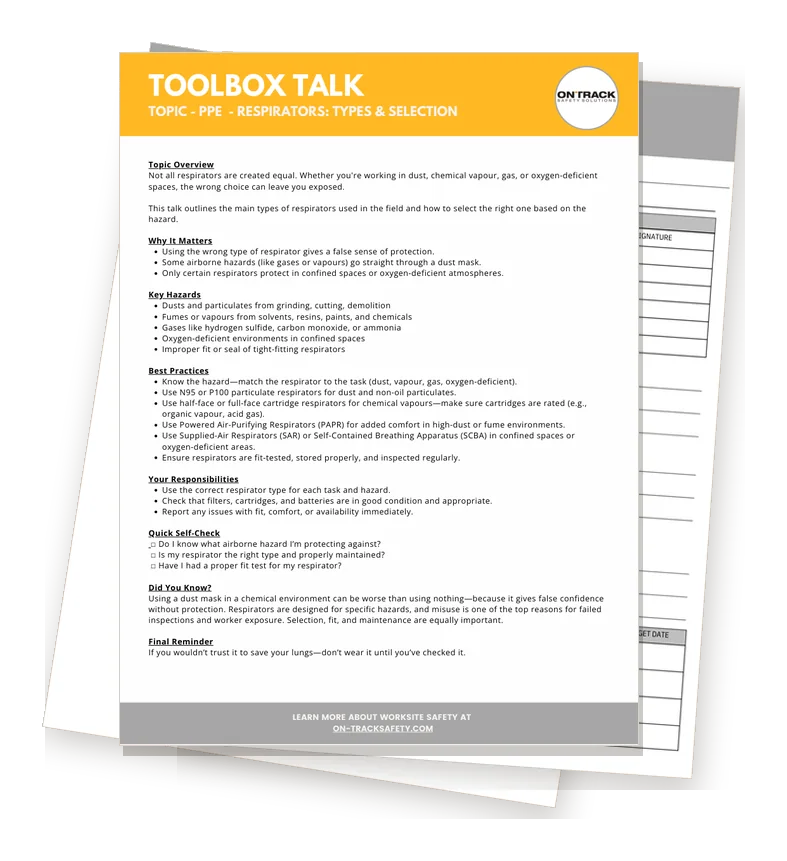 PPE – Respiratory Protection: Types & Selection – Toolbox Talk: the three pages, topic overview on top